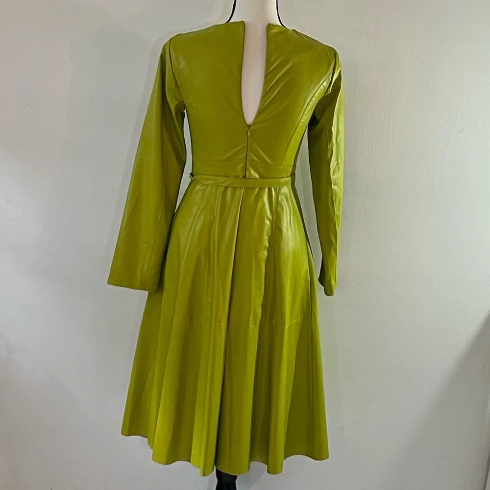 Womens Faux Leather Bodycon Dress Long Sleeve Belt Shirt Dress. - Picture 3 of 6